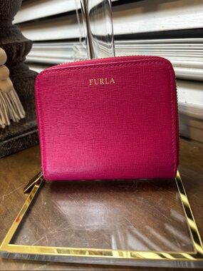 Furla Hot Pink Saffiano Zip-Around Compact Wallet